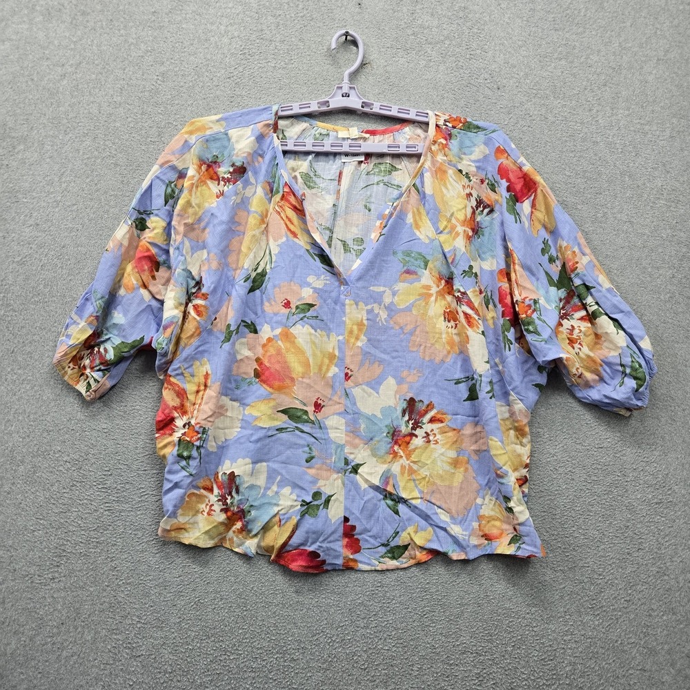 Easel Women Blouse L Blue Linen Rayon Floral Boho Button V-Neck Front Coastal